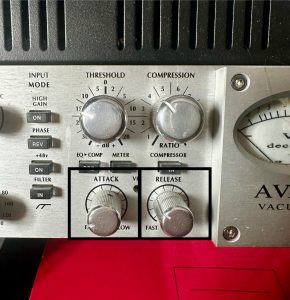 Compression parameters of an Avalon 737 with the attack and release circled